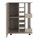 32" H light oak bar-coffee cart, cabinet storage, with 4 wheels, 1 divided storage with 1 shelf, 1 folding door, a central vertical division for 6 bottles and 2 side shelves with aluminum front