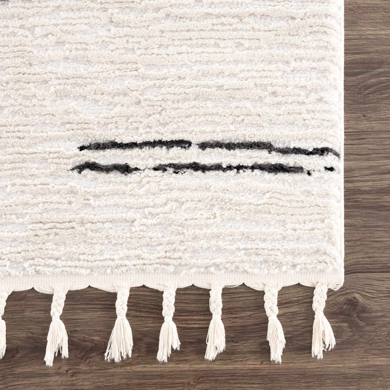 Riad Black Striped White Area Rug with tassels