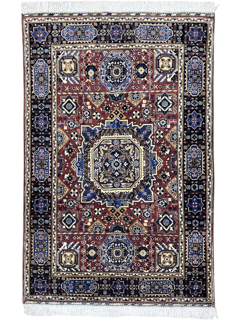Hand-Knotted Afghani Blue & Brown Mamluk Wool Rug – 40” x 62”