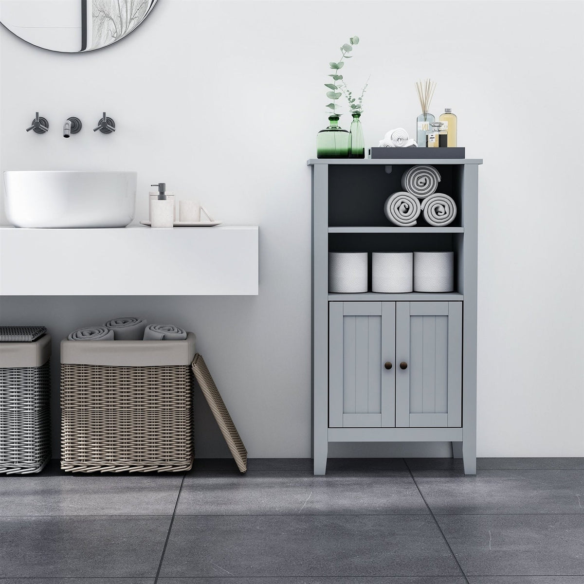 Gray 2 Tier Shelf Hidden Storage Bathroom Floor Cabinet, photo 2 of 5