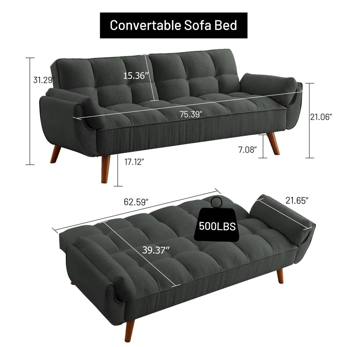 Mid-Century Modern Sofa Bed in Dark Grey Linen Polyester Tufted Upholstery, photo 5 of 5