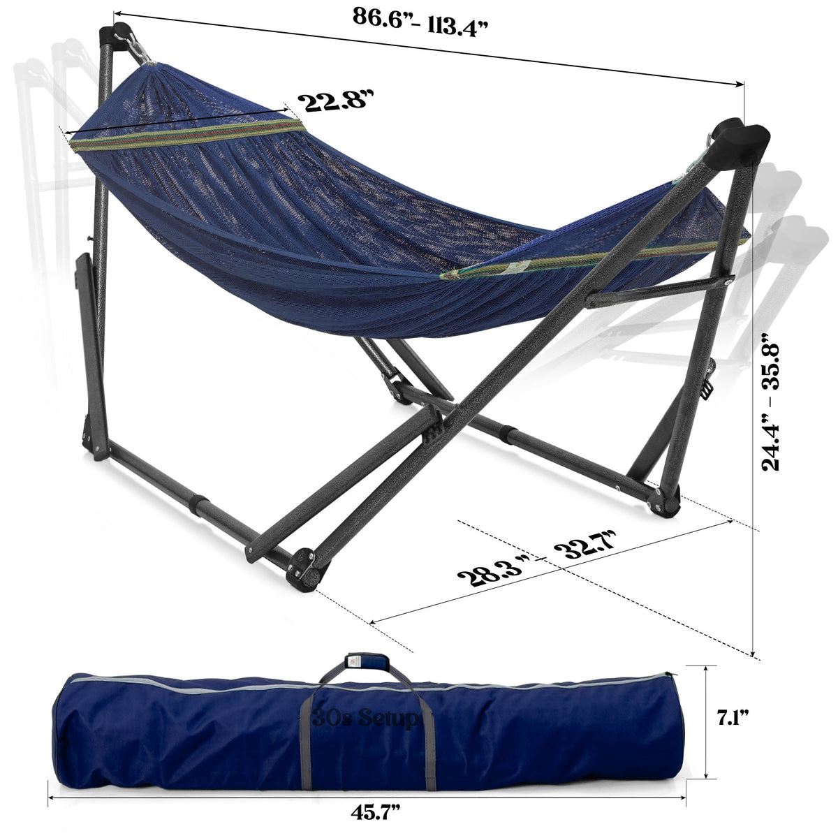 Tranquillo Uniki Collapsible Hammock Stand for Ultimate Relaxation, dimensions drawing