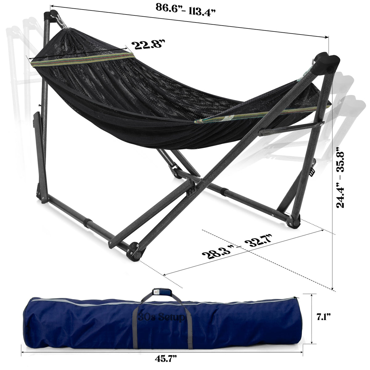 Tranquillo Uniki Collapsible Hammock Stand for Ultimate Relaxation, dimensions drawing