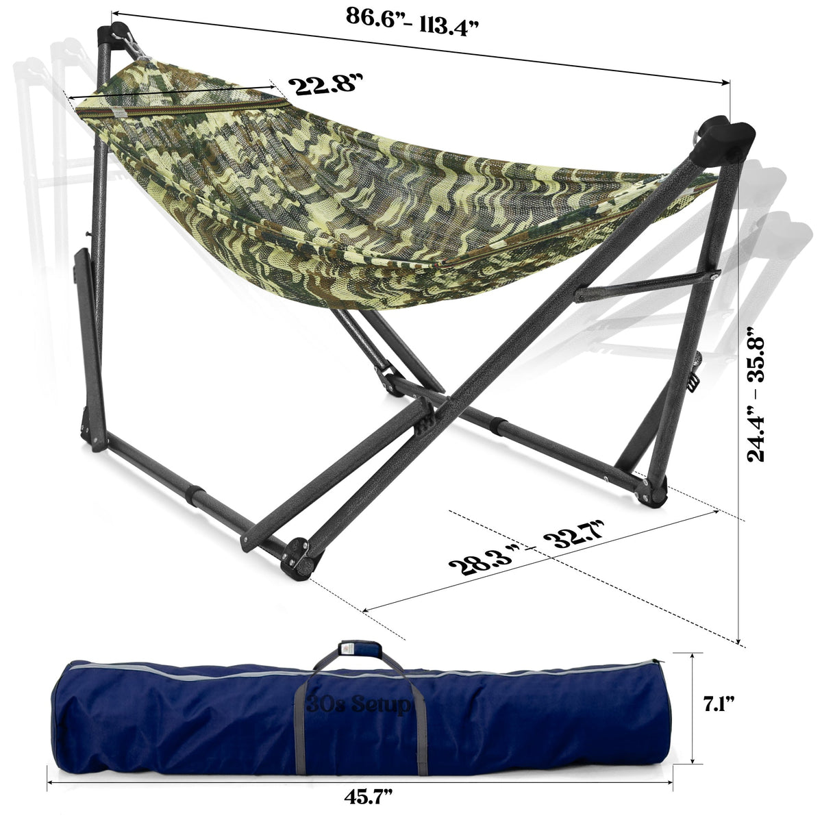 Tranquillo Uniki Collapsible Hammock Stand for Ultimate Relaxation, dimensions drawing