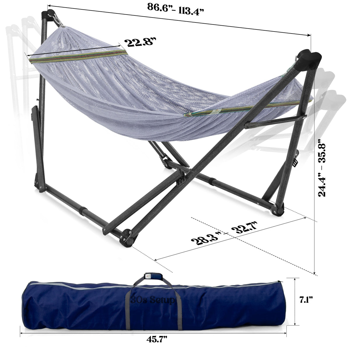 Tranquillo Uniki Collapsible Hammock Stand for Ultimate Relaxation, dimensions drawing