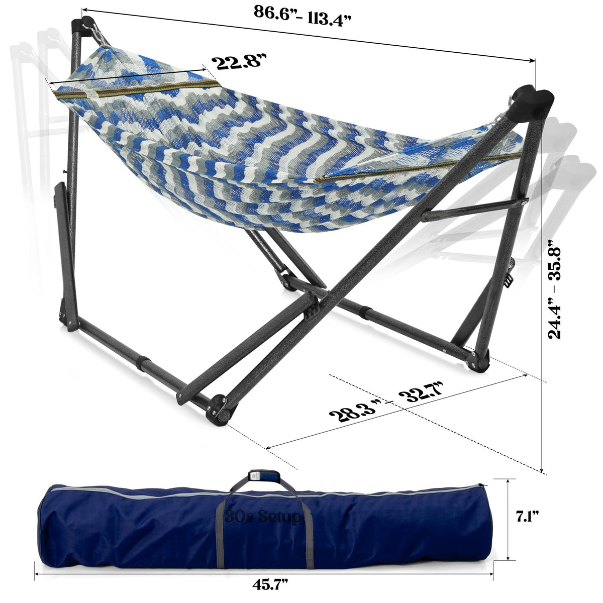 Tranquillo Uniki Collapsible Hammock Stand for Ultimate Relaxation, dimensions drawing