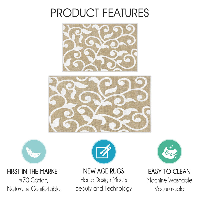 Floral Design Non Skid Washable Kitchen Runner Rugs Set of 2| 44 x 24 and 31.5 x 20 Inches Floor Mats |Beige