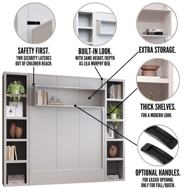 Easy-Lift Full Murphy Wall Bed in White with Two Bookshelves