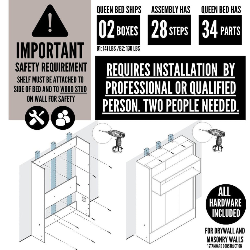 Easy-Lift Full Murphy Wall Bed in Grey with Shelf