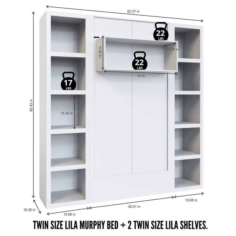 Easy-Lift Twin Murphy Wall Bed in Natural Brown Wood Grain with Two Bookshelves