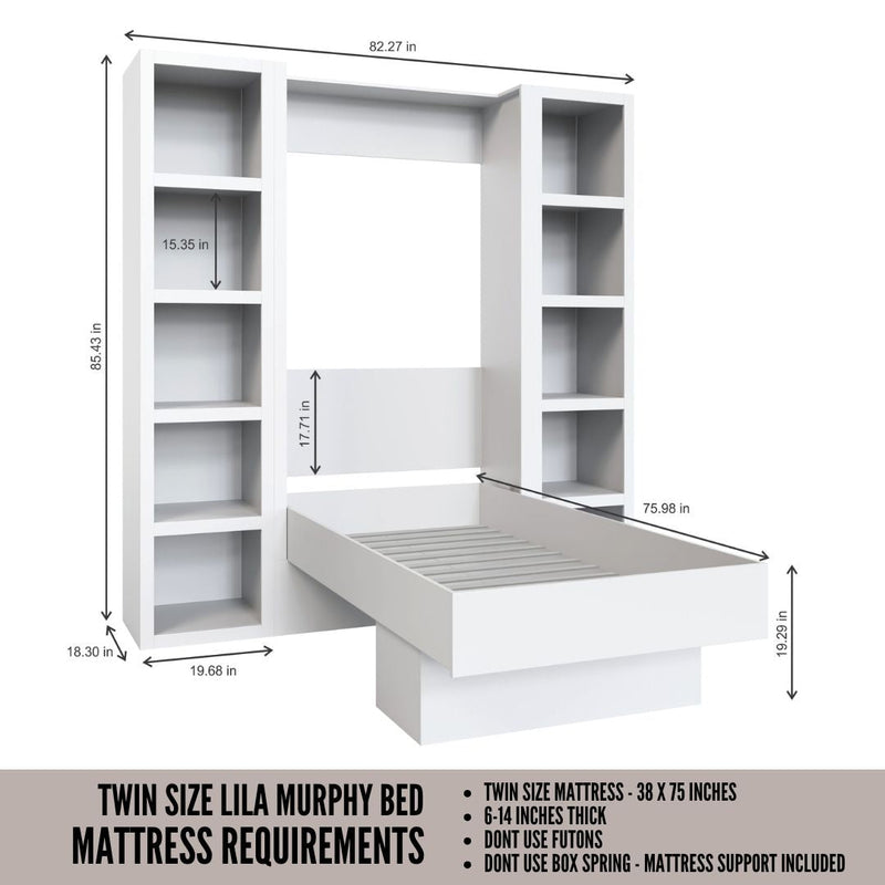 Easy-Lift Twin Murphy Wall Bed in Natural Brown Wood Grain with Two Bookshelves