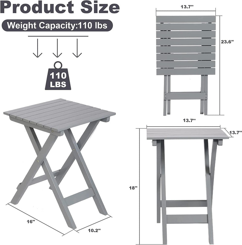 Outdoor Wooden Folding Square Side Table, Portable Lounge End Table, Grey