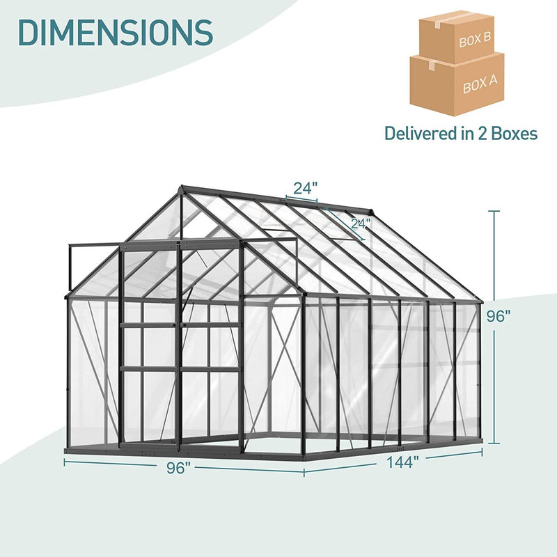 8'x12' Polycarbonate Greenhouse 2 Sliding Doors 2 Vents Window Walk-in Greenhouse for Outdoor