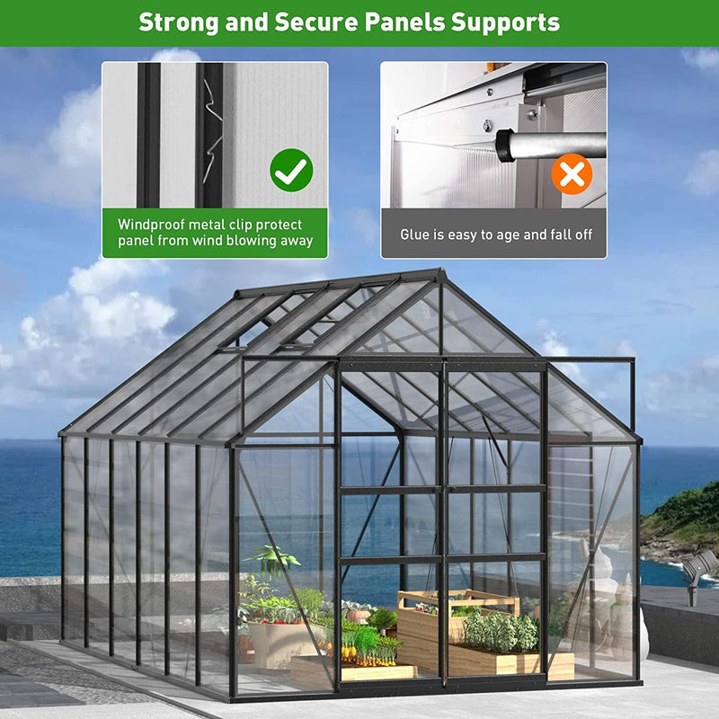 8'x12' Polycarbonate Greenhouse 2 Sliding Doors 2 Vents Window Walk-in Greenhouse for Outdoor