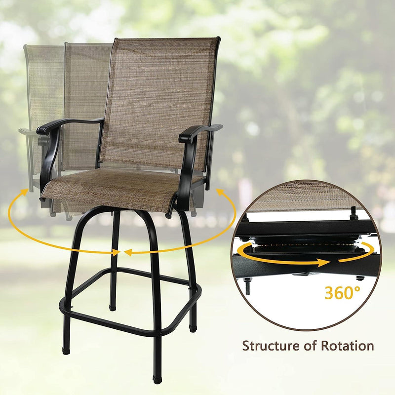 2 Pcs Outdoor  Swivel Bar Stools, Height Patio Bar Chair with High Back, Armrest & Breathable Textilene Fabric