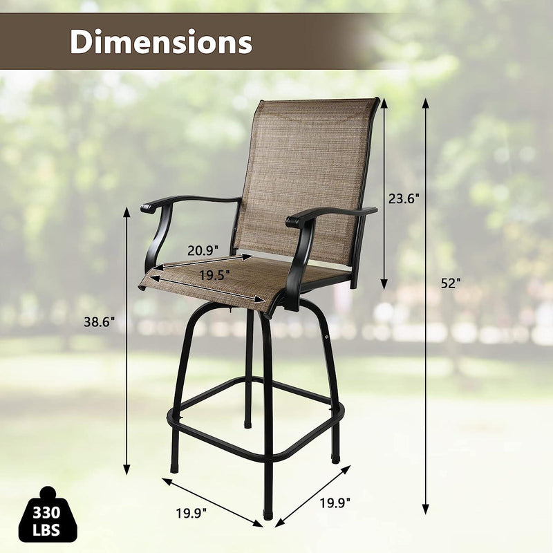 2 Pcs Outdoor  Swivel Bar Stools, Height Patio Bar Chair with High Back, Armrest & Breathable Textilene Fabric