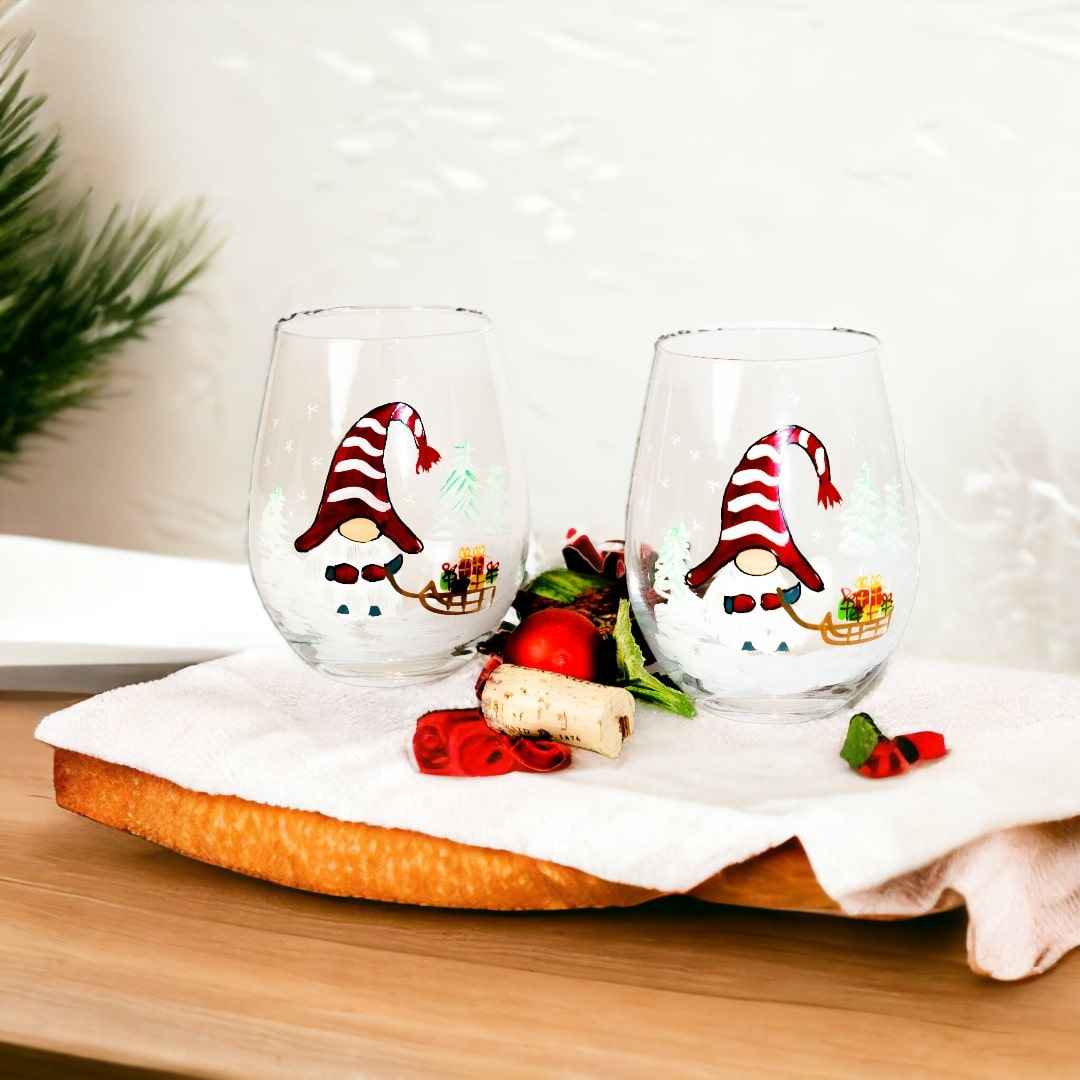 Painted Christmas Gnome Stemless Wine Glasses, photo 4 of 9