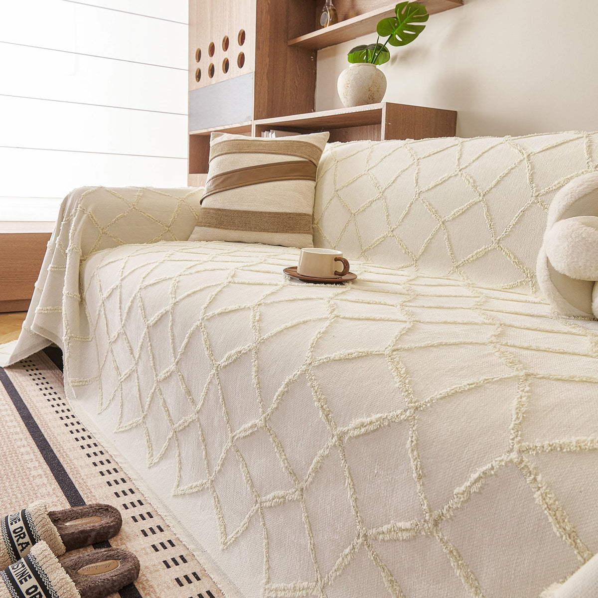 Soft Chenille Sofa Throw Cover, Raised Geometric Texture Furniture Protector Blanket, photo 11 of 44