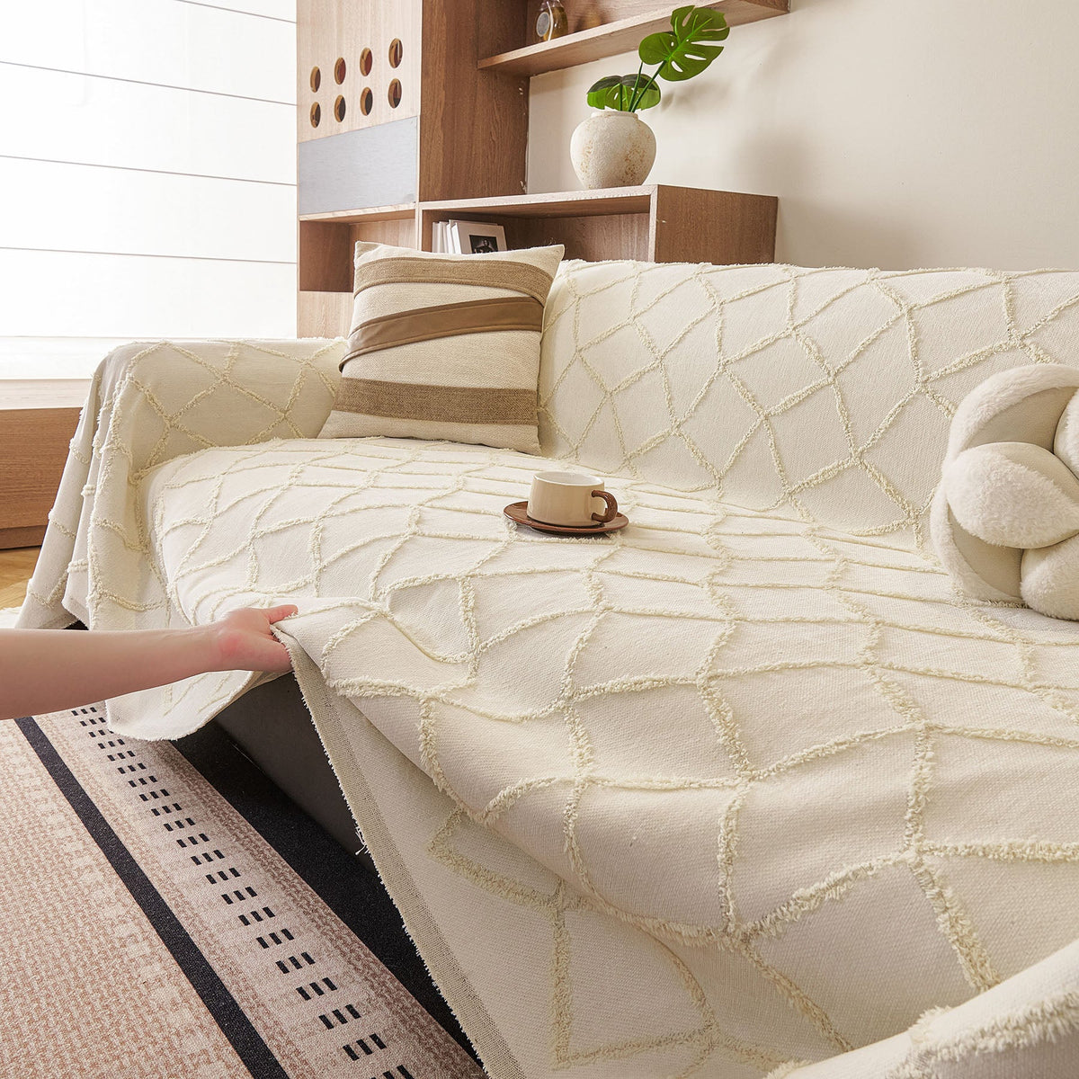 Soft Chenille Sofa Throw Cover, Raised Geometric Texture Furniture Protector Blanket, photo 10 of 44
