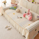 Cute Dotted Stripe Couch Protector, Non-Slip Washable Sofa Cover with Ruffled Skirt