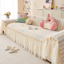 Cute Dotted Stripe Couch Protector, Non-Slip Washable Sofa Cover with Ruffled Skirt