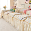 Cute Dotted Stripe Couch Protector, Non-Slip Washable Sofa Cover with Ruffled Skirt