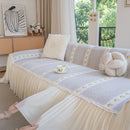 Daisy Striped Sofa Cover with Sheer Ruffle Skirt, Floral Soft Slipcover Blanket