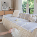 Daisy Striped Sofa Cover with Sheer Ruffle Skirt, Floral Soft Slipcover Blanket