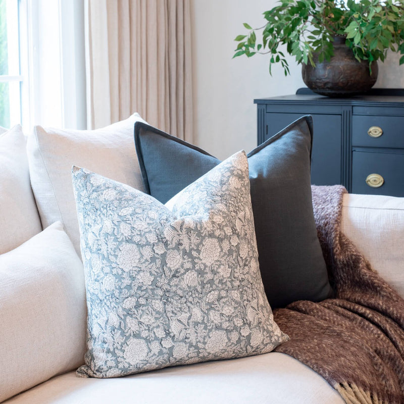 Chloe Floral Block Printed Pillow Cover | Blue