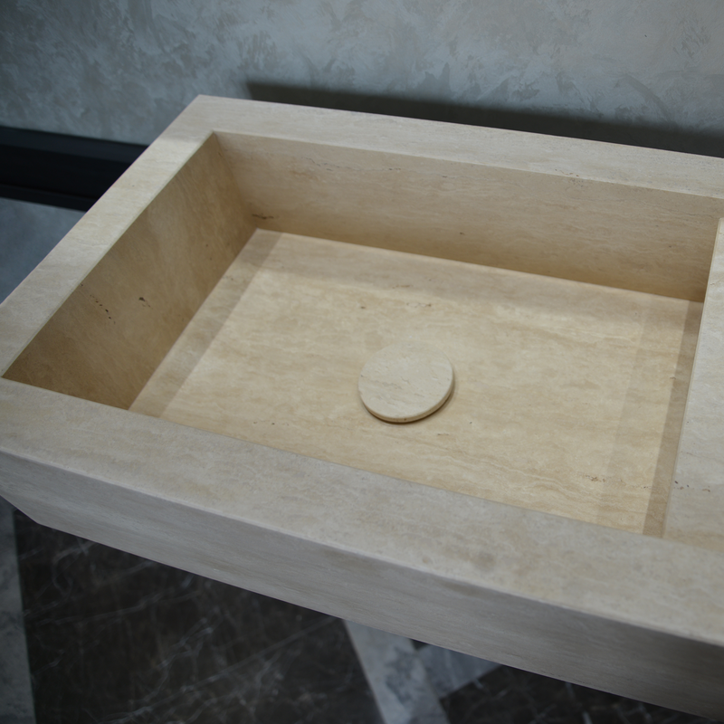 Handmade Travertine Bathroom Sink - Custom Carved Artisan Natural Stone Luxury Basin, photo 9 of 10