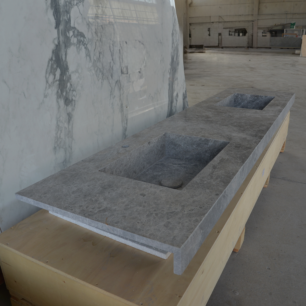 Handcrafted Tundra Grey Marble Double Sink Custom Luxury Spa Master Bathroom Vanity, photo 2 of 10