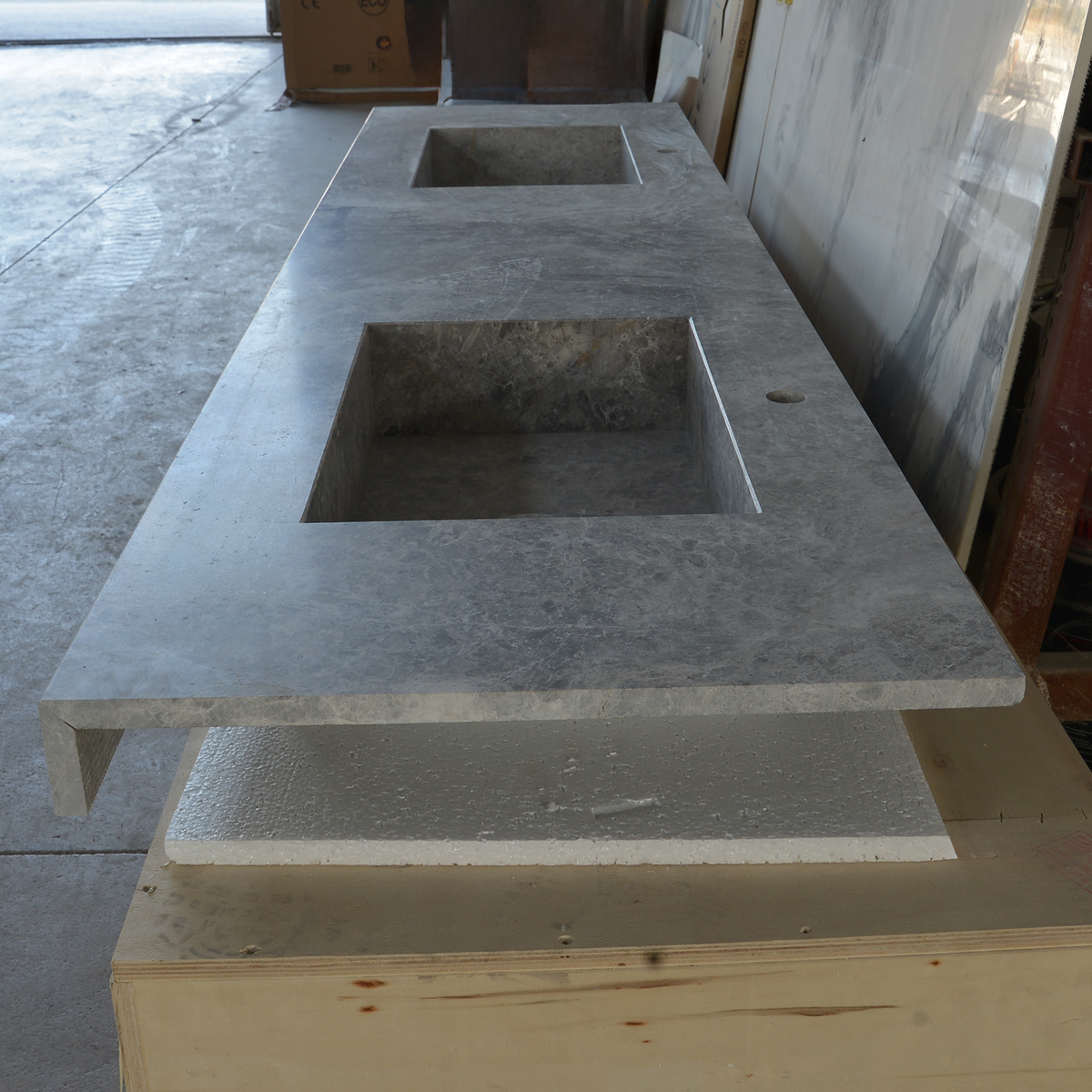 Handcrafted Tundra Grey Marble Double Sink Custom Luxury Spa Master Bathroom Vanity, photo 7 of 10