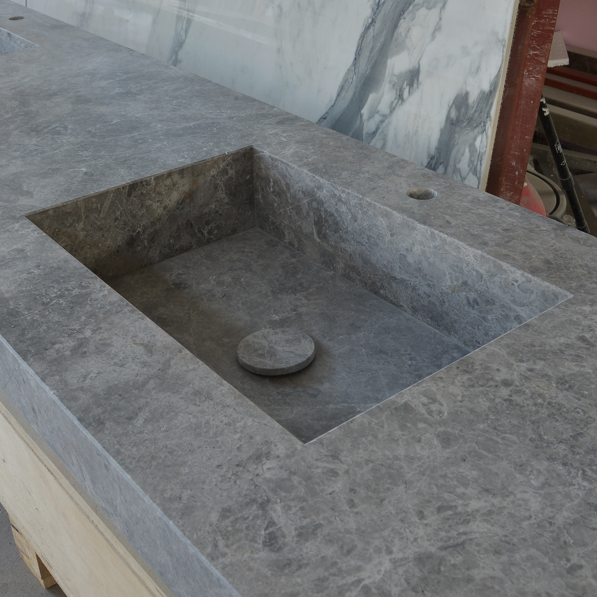 Handcrafted Tundra Grey Marble Double Sink Custom Luxury Spa Master Bathroom Vanity, photo 8 of 10