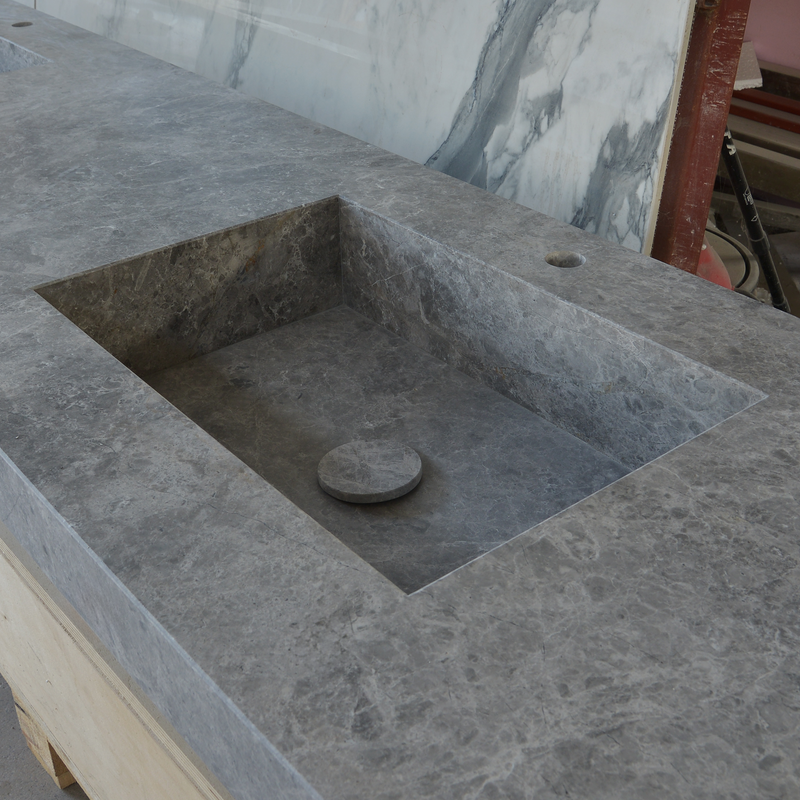 Handcrafted Tundra Grey Marble Double Sink Custom Luxury Spa Master Bathroom Vanity, photo 8 of 10