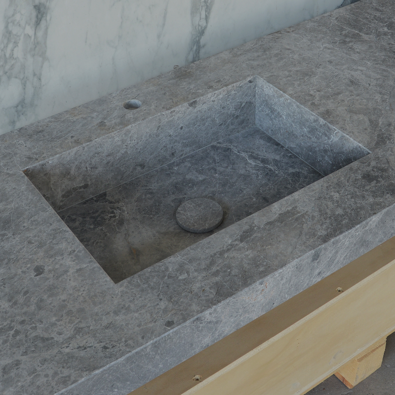 Handcrafted Tundra Grey Marble Double Sink Custom Luxury Spa Master Bathroom Vanity, photo 3 of 10