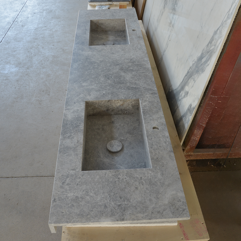 Handcrafted Tundra Grey Marble Double Sink Custom Luxury Spa Master Bathroom Vanity, photo 9 of 10