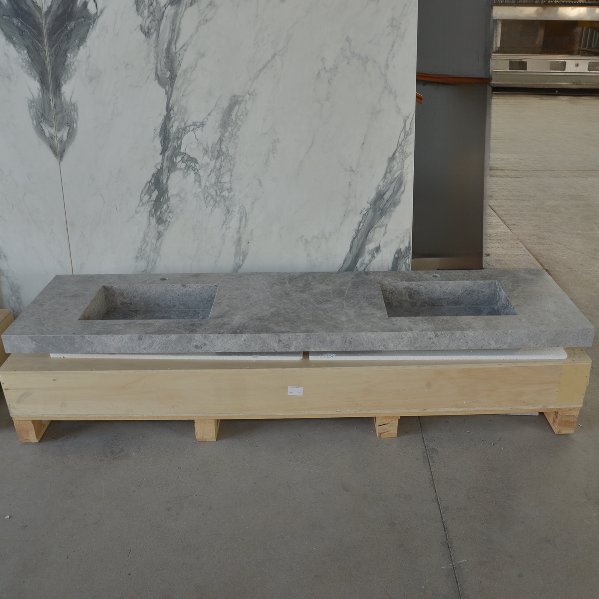 Handcrafted Tundra Grey Marble Double Sink Custom Luxury Spa Master Bathroom Vanity, photo 4 of 10