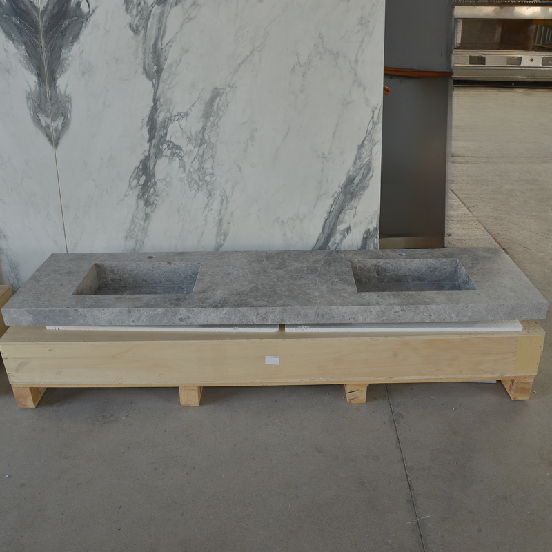 Handcrafted Tundra Grey Marble Double Sink Custom Luxury Spa Master Bathroom Vanity, photo 4 of 10
