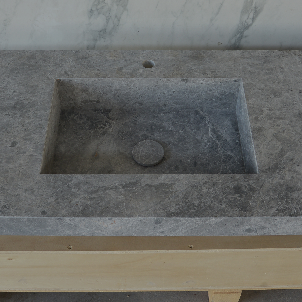 Handcrafted Tundra Grey Marble Double Sink Custom Luxury Spa Master Bathroom Vanity, photo 5 of 10