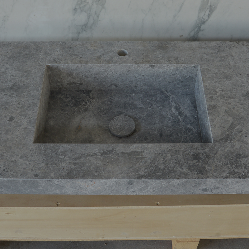Handcrafted Tundra Grey Marble Double Sink Custom Luxury Spa Master Bathroom Vanity, photo 5 of 10