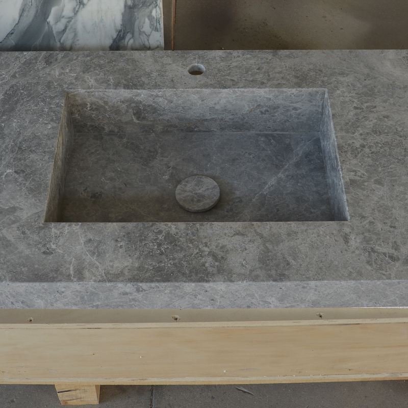 Handcrafted Tundra Grey Marble Double Sink Custom Luxury Spa Master Bathroom Vanity, photo 6 of 10