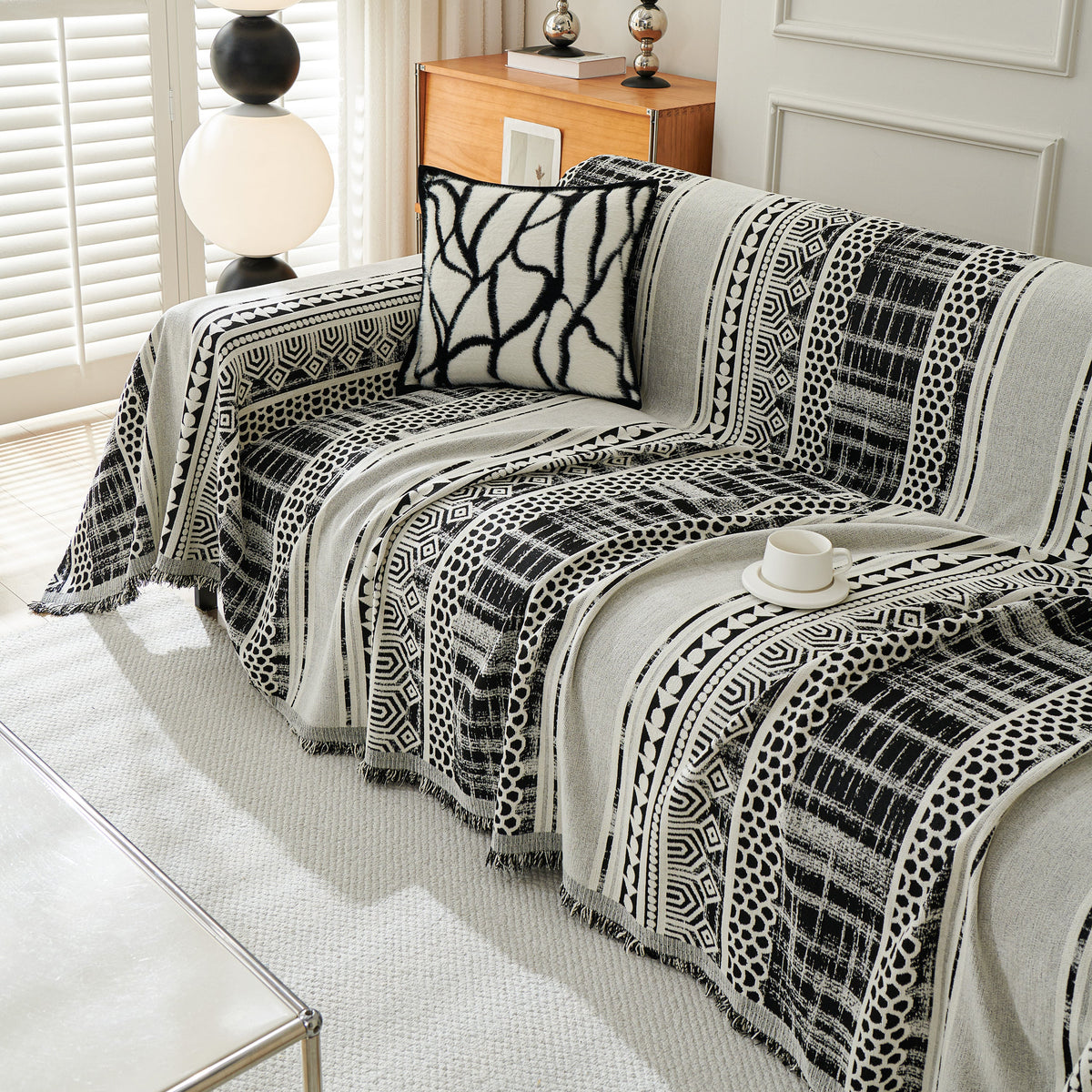 Chenille Sofa Cover Throw Blanket, Boho Geometric Scratch Proof Couch Protector, photo 11 of 40