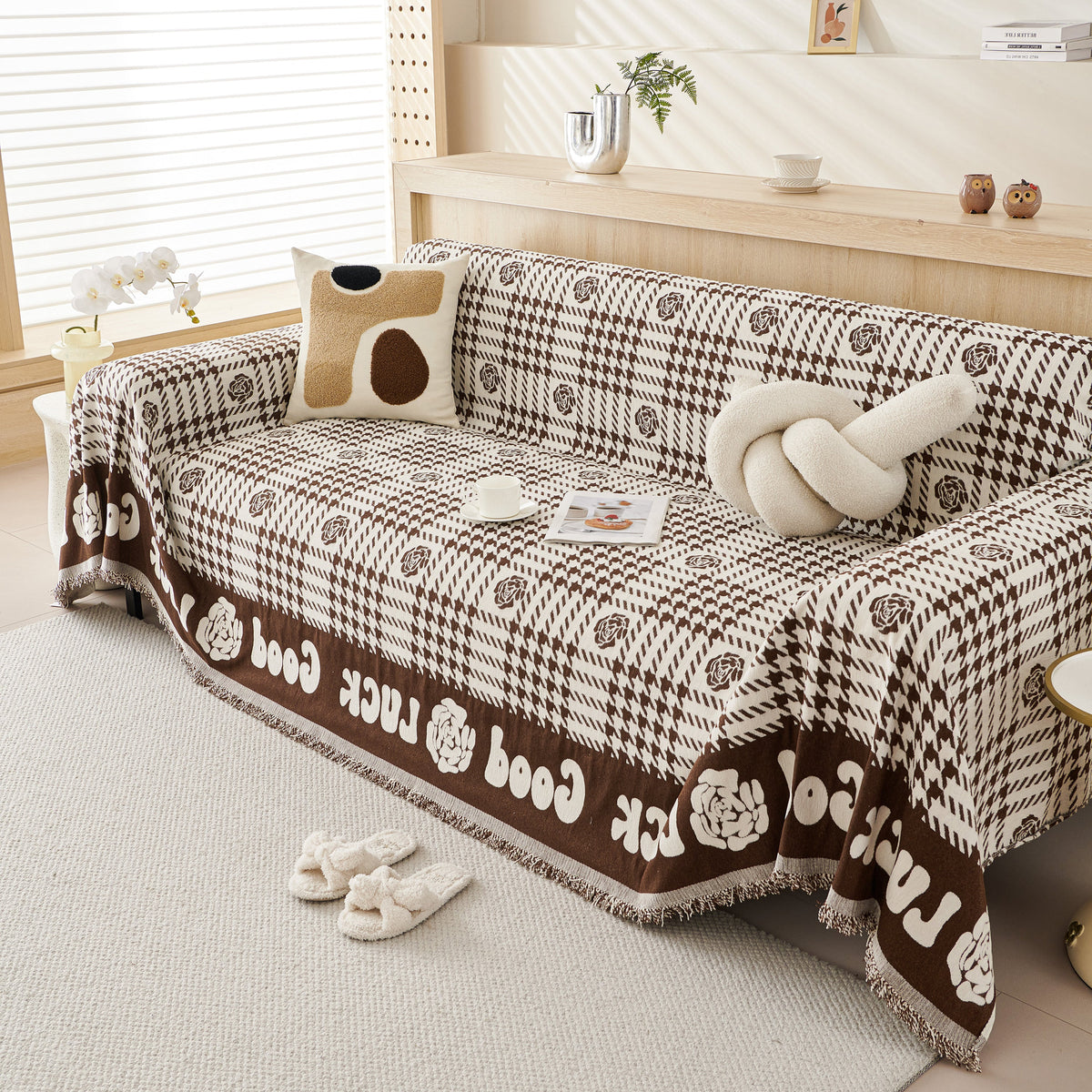 Chenille Houndstooth Sofa Throw Cover, Scratch Proof Cozy Throw Blankets for Couch
