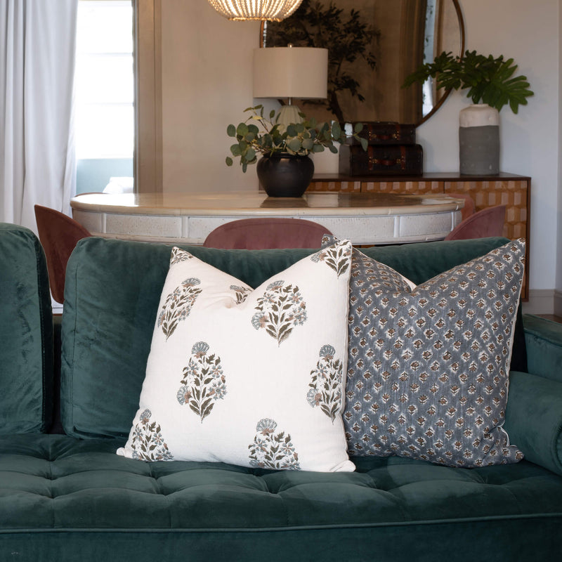 Aster Floral Block Printed Pillow Cover | Blue