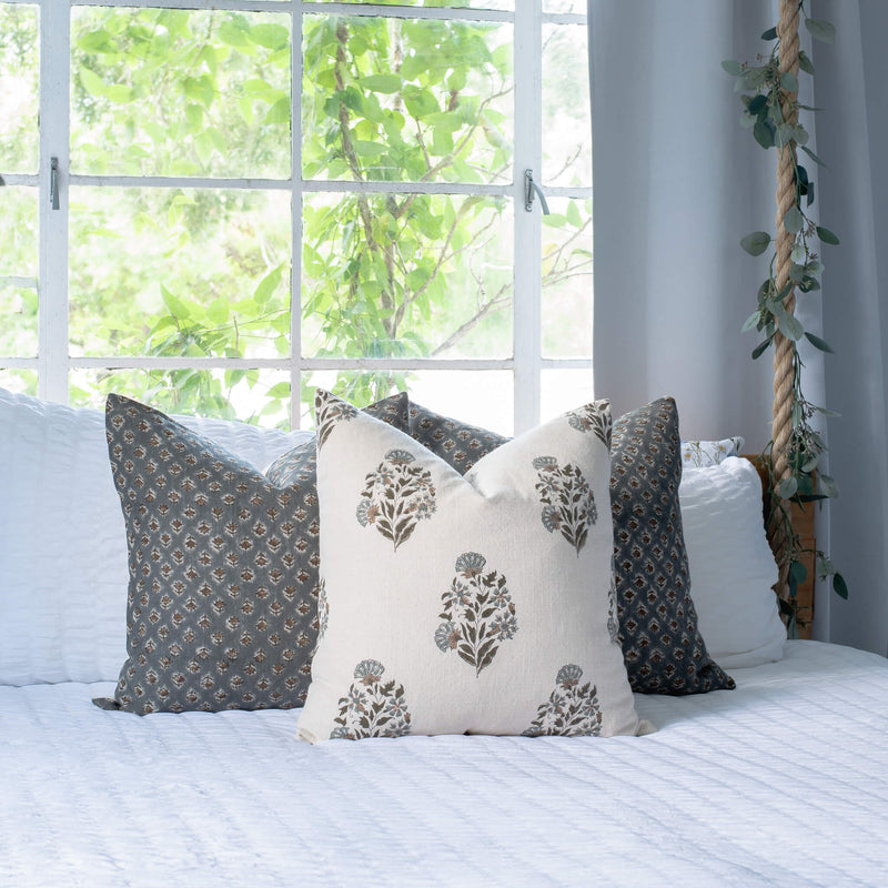 Aster Floral Block Printed Pillow Cover | Blue