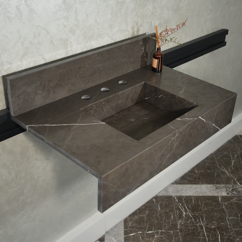 Pietra Grey Handcrafted Natural Marble Bathroom Sink - Polished, photo 2 of 10