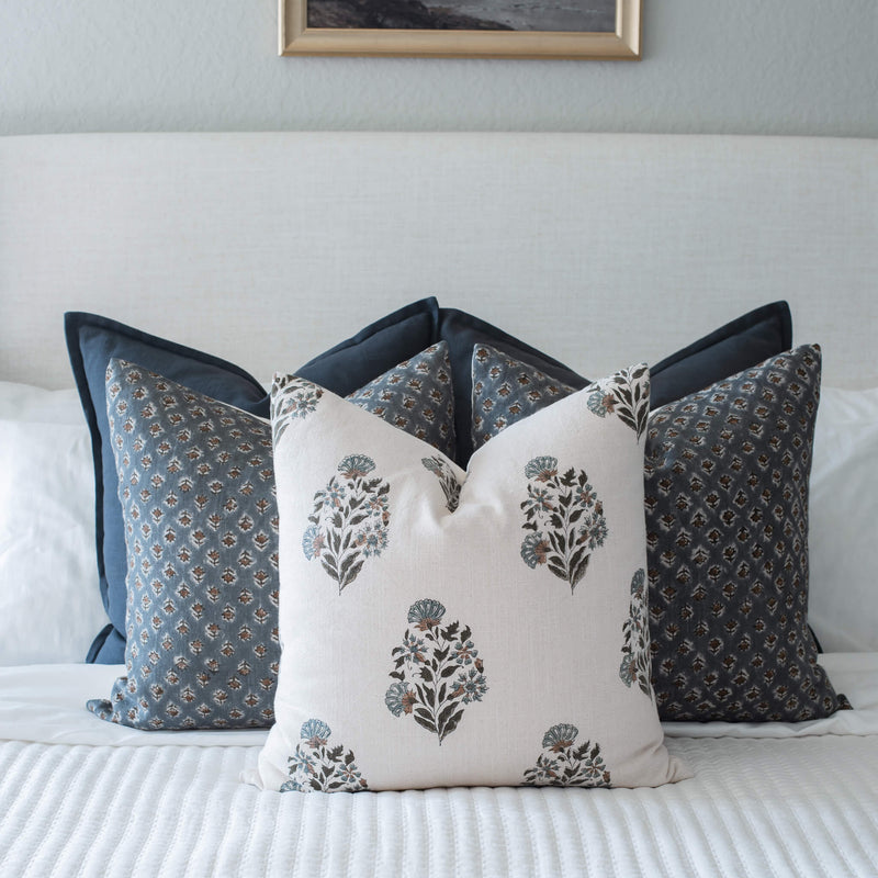 Aster Floral Block Printed Pillow Cover | Blue