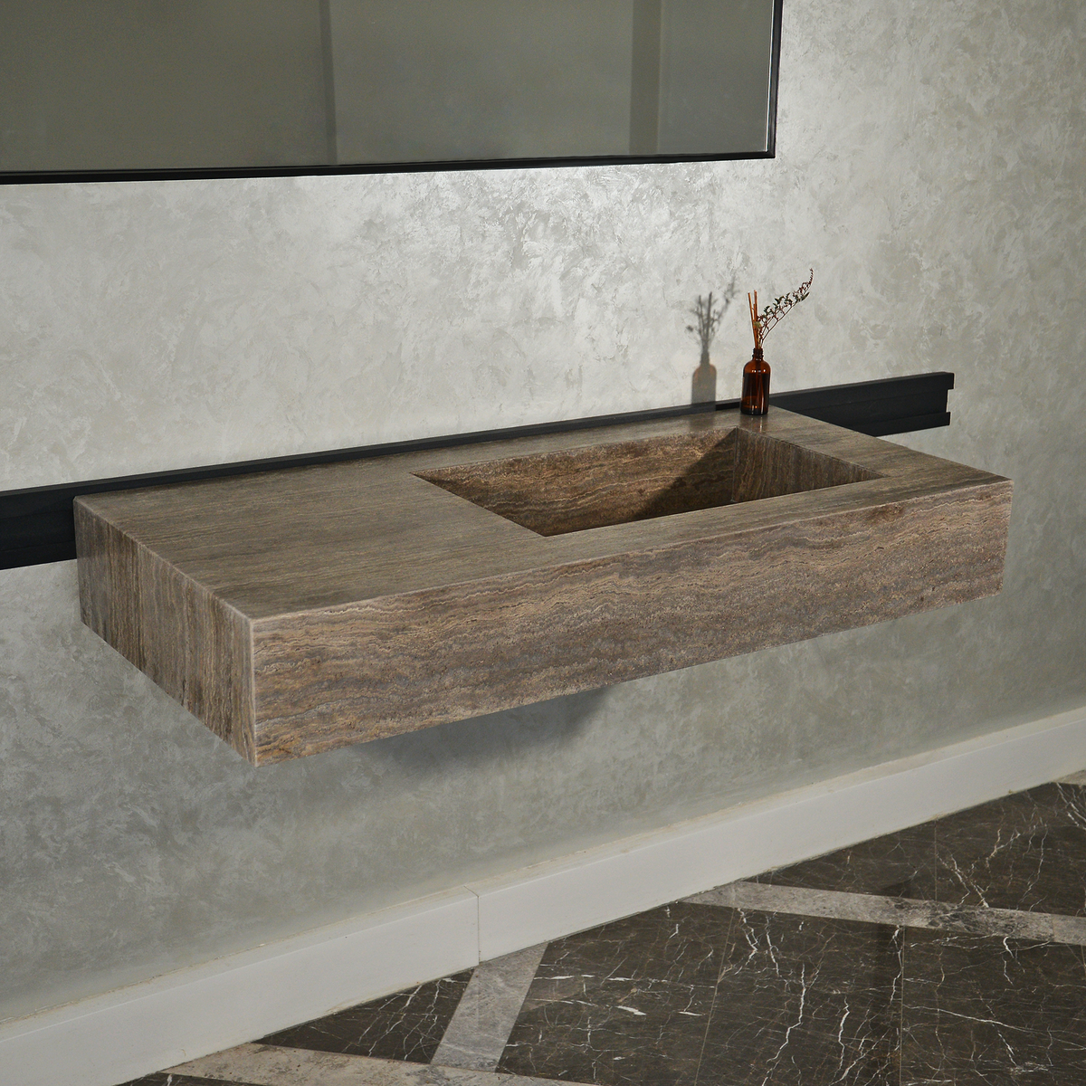 Silver Travertine Natural Stone Handcrafted Bathroom Vanity Sink with Unique Veins, photo 3 of 10