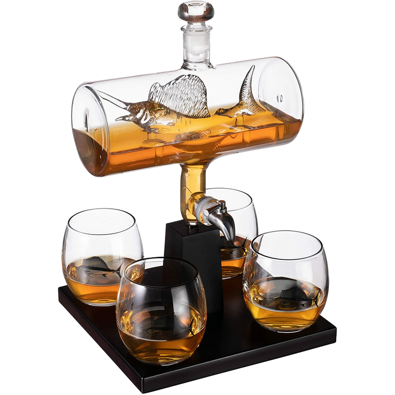 Swordfish & Sailfish Wine &Whiskey Decanter Dispenser and 4 Liquor Glasses - Fishing & Boat Decanter & Glass Set - Fishing Gifts for Men Bourbon & Scotch Decanter for Alcohol - Fisherman Gifts for Dad