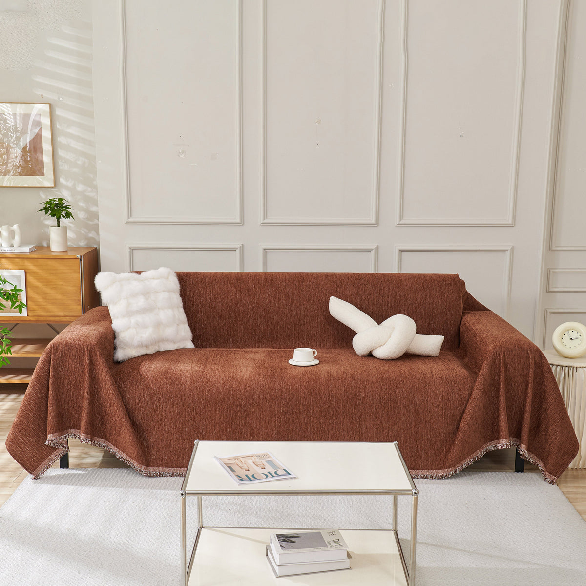 Solid Color Chenille Sofa Throw Blanket, Modern Decor Soft Couch Cover with Fringes, photo 37 of 42